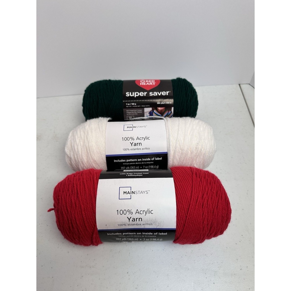 Lot of 3 Red Heart & Mainstays Yarn Medium 4 Christmas Red Green White Skeins